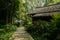 Shady planked path before Chinese old building in sunny autumn