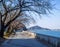 Shady public pedestrian footpath and beautiful natural scenery along the Kiso River in Inuyama.