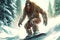 Shaggy bigfoot snowboarding from snowy slope in winter