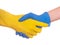 Shaking hands, safe contact. Two human palms in rubber protective gloves, close up,  on white.