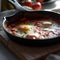 Shakshouka with avocado in a frying pan on a gray table close-up