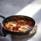 Shakshouka with avocado in a frying pan on a gray table close-up