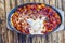 Shakshuka in a bowl on a table