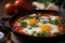 Shakshuka Breakfast, Healthy Vegetable Shakshouka with Eggs, Israel Shakshuka, Abstract Generative AI Illustration