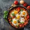 Shakshuka Breakfast, Healthy Vegetable Shakshouka with Eggs, Traditional Israel Shakshuka, Copy Space