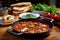 shakshuka with garlic bread on the side on a wooden kitchen island