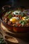 Shakshuka in pan. The cuisine of Israel and most Arab countries. Generative AI