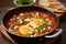 shakshuka topped with feta cheese in a stainless-steel pan