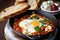 Shakshuka with a twist - a spicy and smoky version with chorizo sausage, served with a side of crusty bread