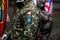 Shallow depth of field image selective focus with details of a Romanian soldier uniform and insignia