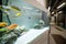 Shallow depth of field selective focus image with an aquarium with colorful small fish inside an office building