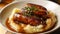 Shallow depth of field (selective focus) image with british bangers and mash dish. Generative AI