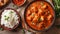 Shallow depth of field (selective focus) image with tasty Indian chicken tikka masala dish. Generative AI