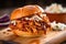 shallow focus of bourbon bbq pulled chicken in a bun