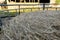 Shallow focus of a large, circular bale of hay on a dairy farm.