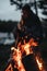 Shallow focus shot of a campfire in the evening, a young male playing guitar by the fire