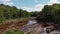 Shallow river with red rocks in the woods.