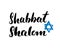 Shalom Shabbat lettering, Jewish greeting for religious holiday handwritten sign, Hand drawn grunge calligraphic text. Vector