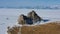 Shaman rock in frozen lake Baikal