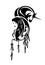Shaman woman, unicorn horse and crescent moon tribal black and white vector portrait