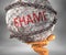 Shame and hardship in life - pictured by word Shame as a heavy weight on shoulders to symbolize Shame as a burden, 3d illustration