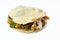 Shami flatbread filled with mixture of potatoes fried fingers, mashed fava beans, fried aubergine, Egyptian falafel green burger,