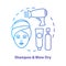 Shampoo and blow dry blue concept icon. Hair care, treatment products idea thin line illustration. Hairdresser salon