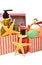 Shampoo, gel bottles, bath bomnbs with starfishes in gift boxes