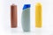 Shampoo, moisturizing bottles in brown, white, yellow colors.