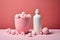 Shampoo and pink vase filled with bath bombs. Generative AI image.