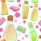 Shampoos and soaps with the scent of flowers. items seamless pattern. Cartoon style. Detergent for washing body and