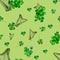 Shamrock and harp seamless pattern, watercolor leaves on green