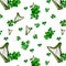 Shamrock and harp seamless pattern, watercolor leaves on white