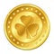 Shamrock. Three-leaf clover gold coin with stars. Saint Patrick`s day. Irish. Lucky. Vector illustration