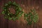 Shamrock wreath, shamrocks on an old rustic wood background.