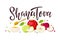 Shana Tova handwritten calligraphy lettering with apple, pomegranate, honey isolated composition. Happy Rosh Hashanah