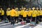 Shanghai, China 20.02.2021 Group of meituan food delivery workers at morning briefing