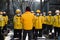 Shanghai, China 20.02.2021 Group of meituan food delivery workers at morning briefing