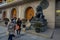 SHANGHAI, CHINA - 29 JANUARY, 2017: Majestic and impressive lion statues of metal sitting outside gates of building