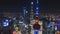 SHANGHAI, CHINA - MAY 5, 2017 Aerial drone video, night time illuminated famous pudong cityscape