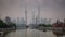 Shanghai city morning fog river bay bridge panorama 4k time lapse china