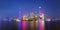 Shanghai city skyline Pudong side looking through Huangpu river on twilight time. Shanghai, China.