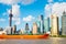 Shanghai cityscape, Oriental pearl tower and modern buildings with Huangpu river in China