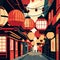 Shanghai old town street with Chinese lanterns. Vector illustration Generative AI