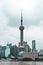 Shanghai Oriental Pearl Tower in Bund in China, cloudy day