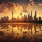 Shanghai skyline with golden sand at sunset