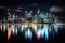 Shanghai skyline at night with reflection in Huangpu river, China, Downtown Sydney skyline, AI Generated