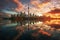 Shanghai skyline at sunset with reflection in Huangpu river,China, CN tower and Toronto Harbour reflection, AI Generated