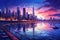 Shanghai skyline at sunset with skyscrapers. Vector illustration, Nocturnal urban landscape with river and skyscrapers. A
