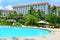 Shangri-La`s Mactan Resort and Spa hotel facade and swimming pool in Lapu Lapu, Cebu, Philippines